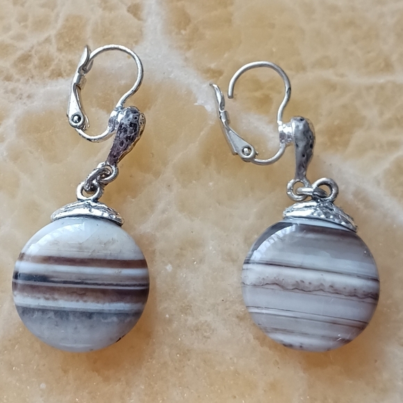 Silver Tone Leverback Brown Striped Stone Earrings - Picture 13 of 13